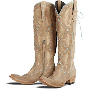 Women's Brown Pointed Toe Zipper Cowgirl Boots Lace up Chunky Heel Western Boots